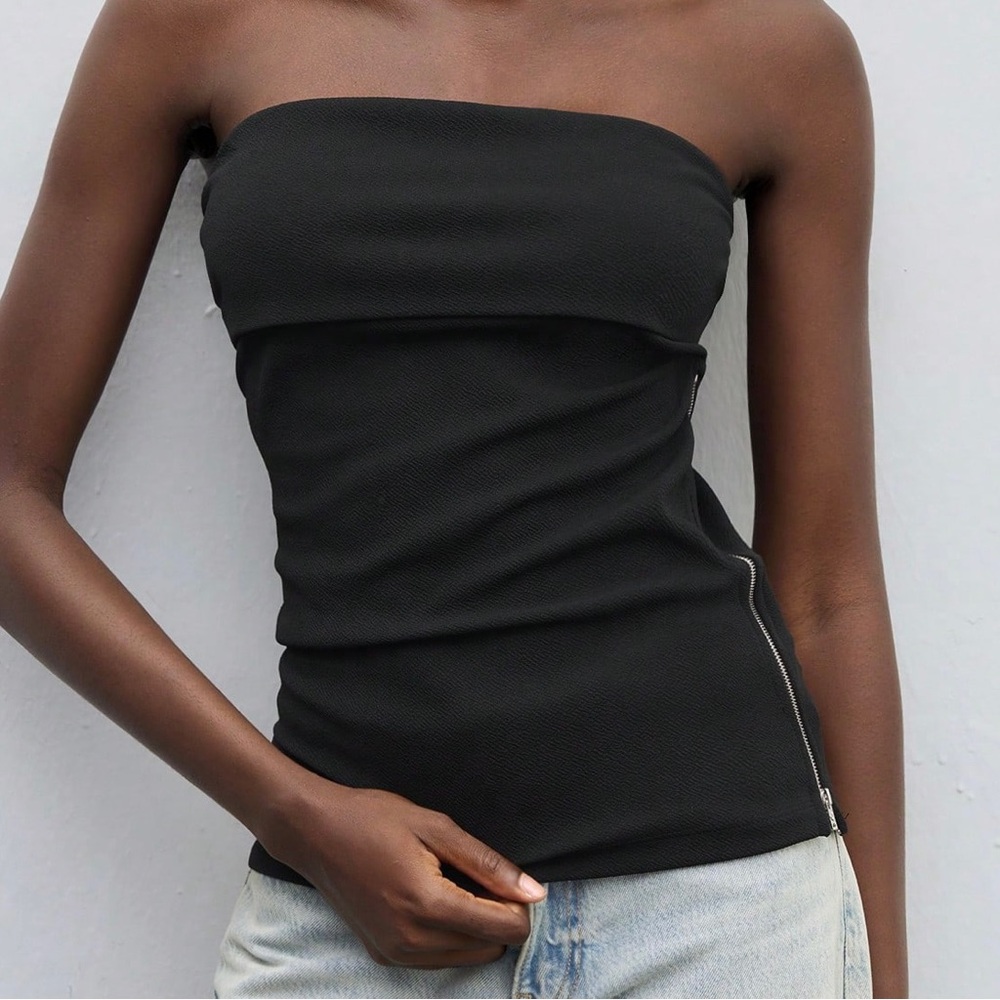 SHEIN Black Strapless Top with Side Zipper Detail
